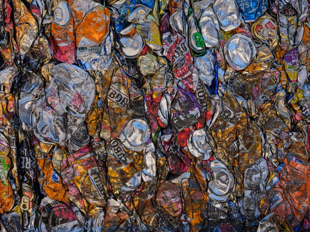 Crushed aluminum cans at a recycling center