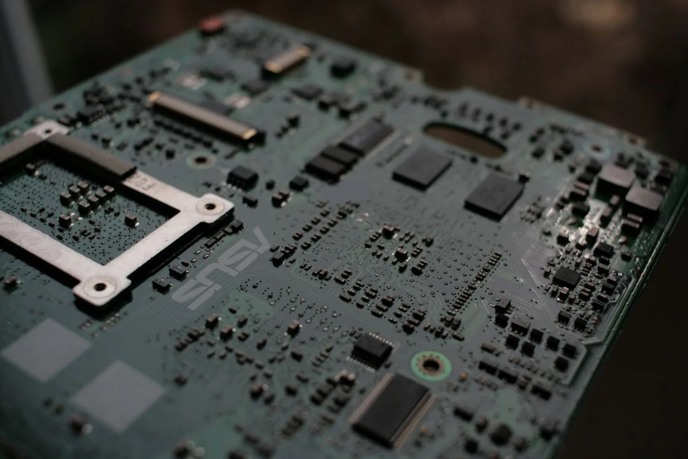 Close view of a used printed circuit motherboard